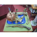 Two Brass Trivets, one cast with a rampant lion, wall hanging model pistols, candlesticks, horse and