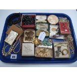 Assorted Costume Jewellery, including Edwardian bar brooches, beads, cigarette case, compact etc:-