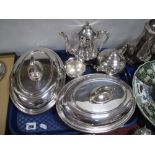 Two EPNS Tureens and Covers, together with a three piece plated tea set:- One Tray