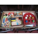 A Large Pine Tray of Vintage Toys, including a boxed Chad Valley carpet skill game, magic set,