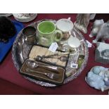 Plated Circular Tray, cased fork and spoon, commemorative mugs etc.