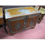 XX Century Chinese Camphor Wood Cabinet, top with a carved frieze, carved with junk boats, and