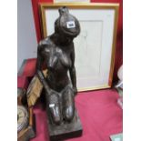 J. Persevil Bronze Sculpture of Kneeling Nude Lady, on rectangular base, 51cms high overall,