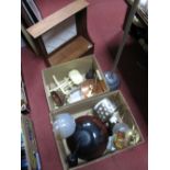 Three 1970's/80's Ceiling Lights, single drawer tidy shelf, copper kettle, scales and weights posser