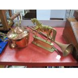 A Victorian Copper Kettle, brass acorn finial and swan neck spout, a brass doorstop modelled as a
