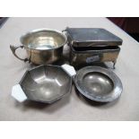 Silver Ring Box, on cabriole feet (one absent), Art Deco dish, two handled bowl and pin tray. (4)
