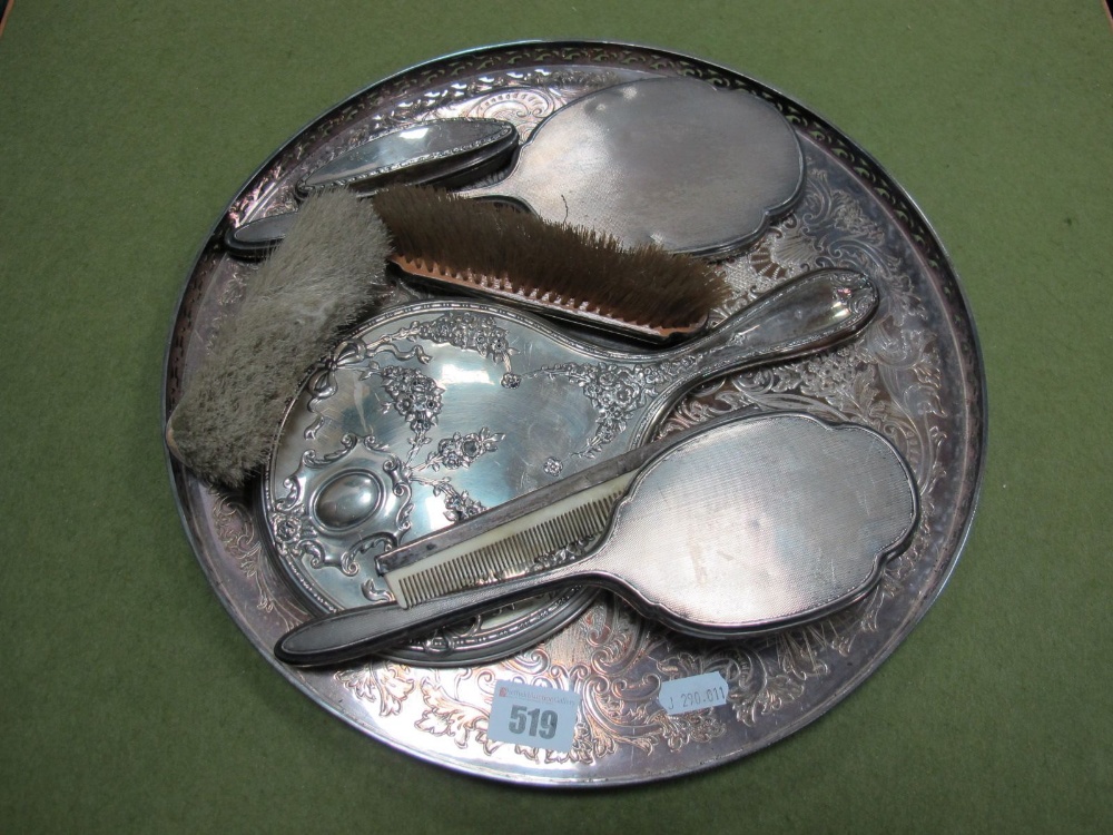 Seven Silver Backed Dressing Table Items and Plated Tray.
