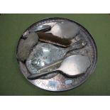 Seven Silver Backed Dressing Table Items and Plated Tray.