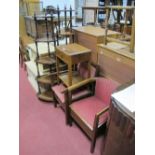 Two Corner Whatnots, having turned supports to quadrant shelves; two commode chairs, oak side table,