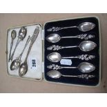 Six White Metal Teaspoons, stamped "800", two silver hallmarked golfing spoons and two others.