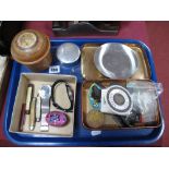 Turned Treen Powder Jar, buttons, bull nose can opener, watches, pen knives, magnifier, City of