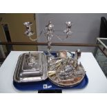 Mappin & Webb Twin Branch Candelabra, sugar caster, entree dish, salver, cutlery, pierced basket,