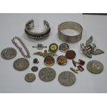 A Heavy Bangle, with twisted detail, further bangle, coins, RAF wings brooch, Swimming Association