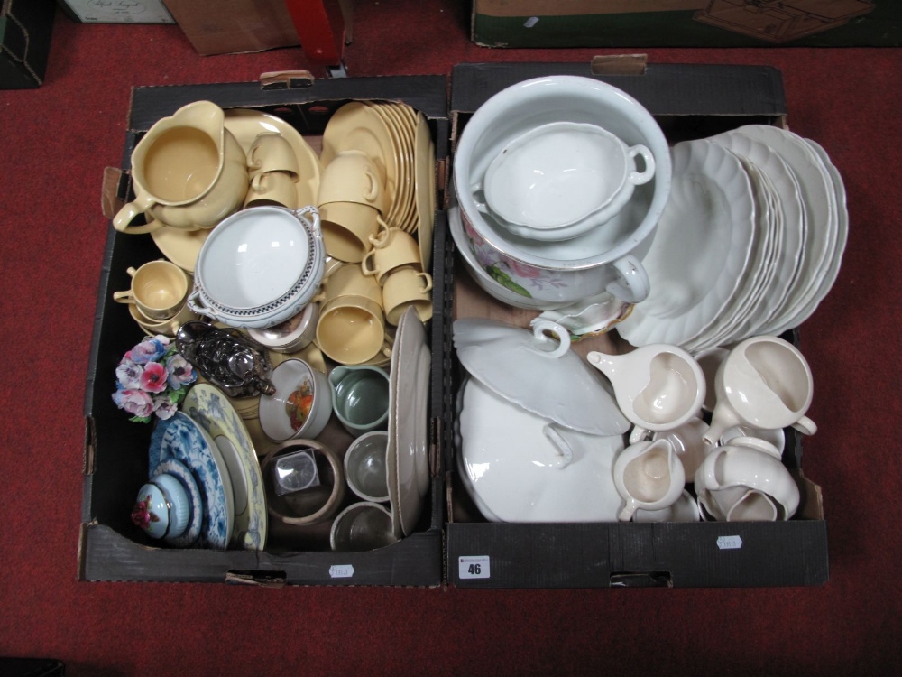 Assorted Dinnerwares, flower posy, chamber pots, storage jars, etc.