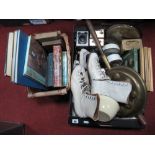 A Pair of Vintage Ice Skates, in white, dominoes, mantel and wall clocks, binoculars, box brownie,