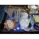 Cut Glass Tray, pair of cut glass jar covers, late XIX Century water jug with etched decoration, cut