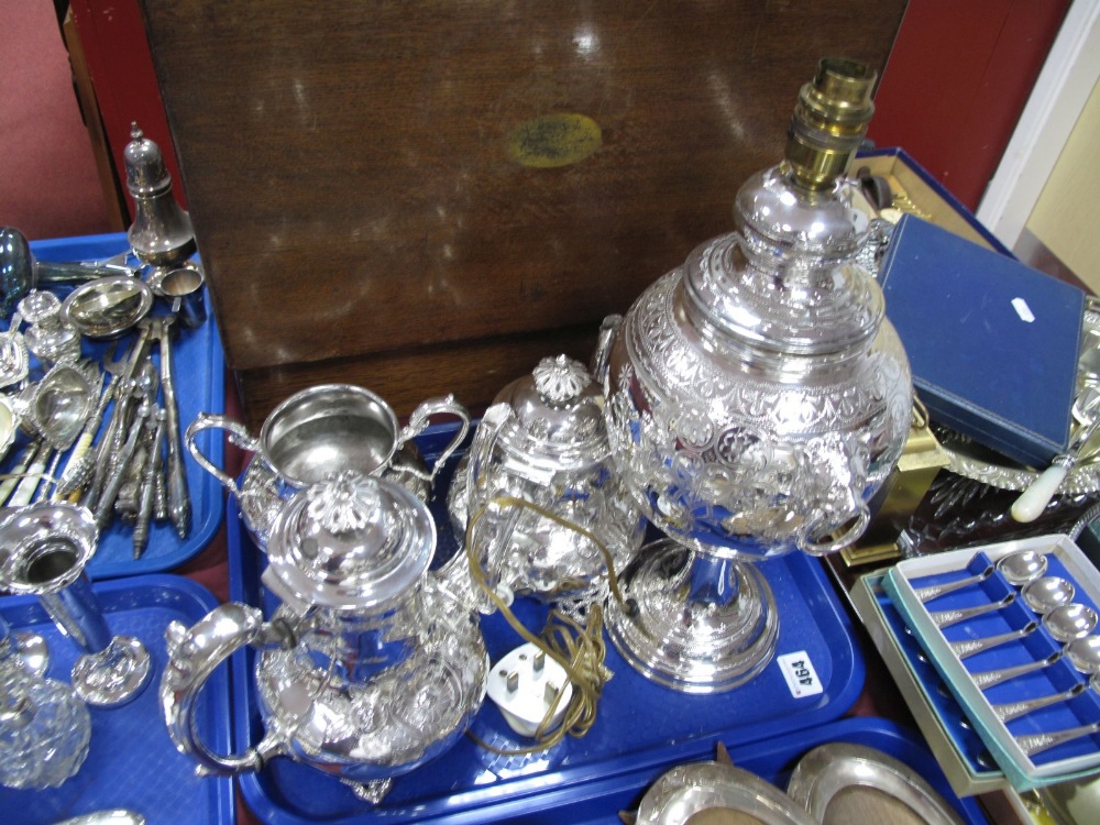 Superior Sheffield Plate Four Piece Tea Service, tea urn converted to a lamp:- One Tray