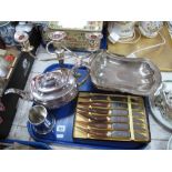 A Silver Plated Georgian Style Teapot, silver plated swing handled dish, etc:- One Tray