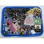 Assorted Bead Necklaces, brooches, including single stone bar brooch stamped "9ct" etc:- One Tray