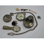 Gent's Wristwatch, pocketwatches, swivel fob pendant etc (damages), contained in a Trebor tin.