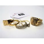 A Modern Ring, stamped "375", gent's signet ring, 22ct gold wedding band, etc.