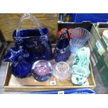 Two Mottled Blue Glass Posy Baskets, two vases, paperweights, rose bowl:- One Tray