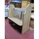 Pitch Pine Two Seater Church Pew, with shaped sides, panelled back, 108cms wide, 102cms high.