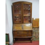 1920'S Oak Bureau Bookcase, with green pear drop lights to leaded doors, over Greek key fall