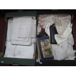 Embroided Linen, place mats, sheets, vintage ladies evening purses, gloves etc:- Two Boxes