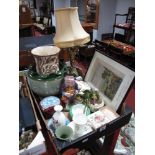 Onyx Table Lamp, with gilded cherub, green Langley Ware jardiniere with fluted rim, Beswick vase,