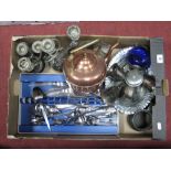 Copper Kettle, stainless steel cutlery, XIX Century pewter tankard, etc:- One Box