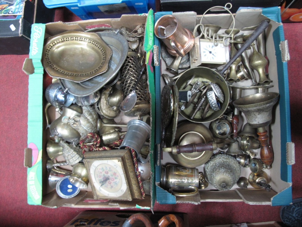 Brass Bells, 8 day wall clock, brass jam pan, other metalwares, etc: Two Boxes