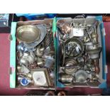 Brass Bells, 8 day wall clock, brass jam pan, other metalwares, etc: Two Boxes