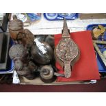 Persian Copper Coffee Pot, two carved hardwood tribal head and shoulder studies, copper kettle,