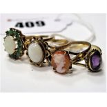 Four 9ct Gold Dress Rings, including oval cameo, claw set cluster, opal, etc. (4)