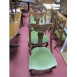 Set of Four Early XX Century Walnut Salon Chairs, each with scroll cresting, poker work flower to