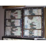 Pair of Indian Triptych Watercolours, each featuring maidens in garden scene with distant temple,