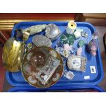 Swarovski and other Crystal Animals, enamelled bird soapstone figure etc:- One Tray