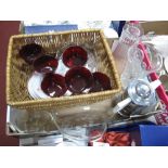 Heatmaster Teapot, glass vases, ruby glass sundaes, Chinese plates, basket, etc:- One Box