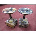 Pair of XIX Century Marble Pedestal Urns, of circular form, having shallow dishes on blocked stepped