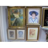 Oil on Canvas, of girl wearing a hat signed lower right P.A.B, with a print of a girl holding a