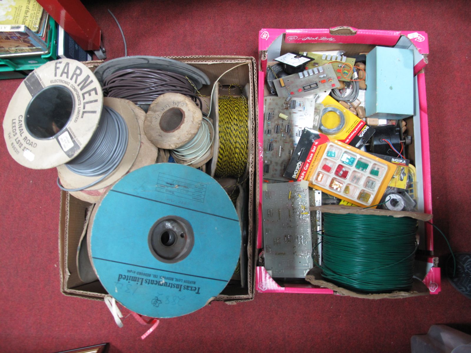 Electricians Wire Reels, cable, circuit boards, copper tinned wire, magnetic pick up and other