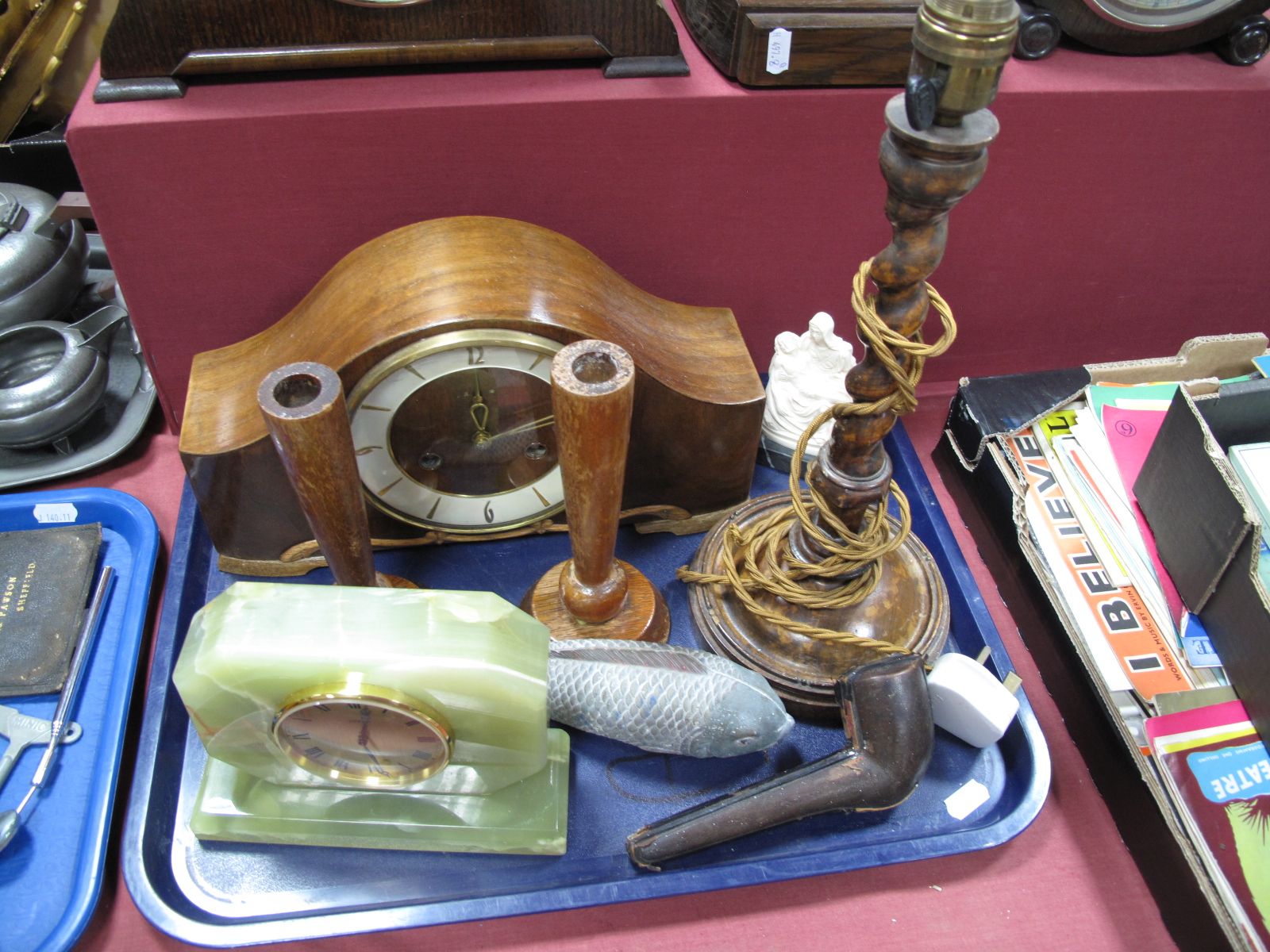 Onyx and Walnut Cased Mantel Clocks, smokers pipe, barley twist lamp, candlesticks:- One Tray
