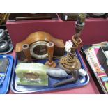 Onyx and Walnut Cased Mantel Clocks, smokers pipe, barley twist lamp, candlesticks:- One Tray