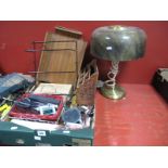 Stationary Equipment, rulers, teak filing shelves, letter rack, baskets, spyglass, table lamp,