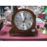 A 1930's Oak Cased Eight Day Mantel Clock, silvered dial, Arabic numerals, triple arched casing on