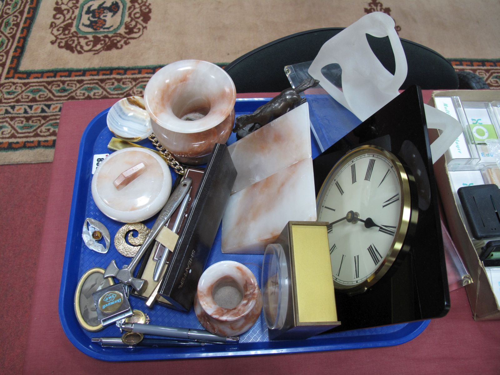 Mid XX Century Onyx Bookends, jars, powder bowl and cover, kienzle mantel clock, wall clock,