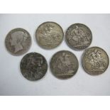 Crowns: 1821 (VG), 1845 (NF), 1888 (GF), 1890 (F) and 1894 (F). A damaged WWI silver British medal.