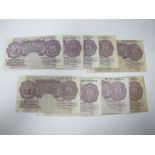 Nine Mauve Bank of England Ten Shillings Notes: Kenneth Oswald Peppiatt Chief Cashier. Conditions