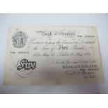 A Bank of England White Five Pounds Banknote, percival Spencer Beale chief cashier, U66 065405,